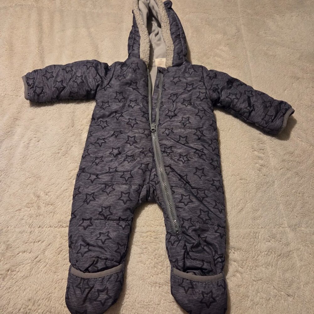 Wonder Nation Lined Puffer Type Snowsuit One Piece Gray W/ Stars Size 3-6 month